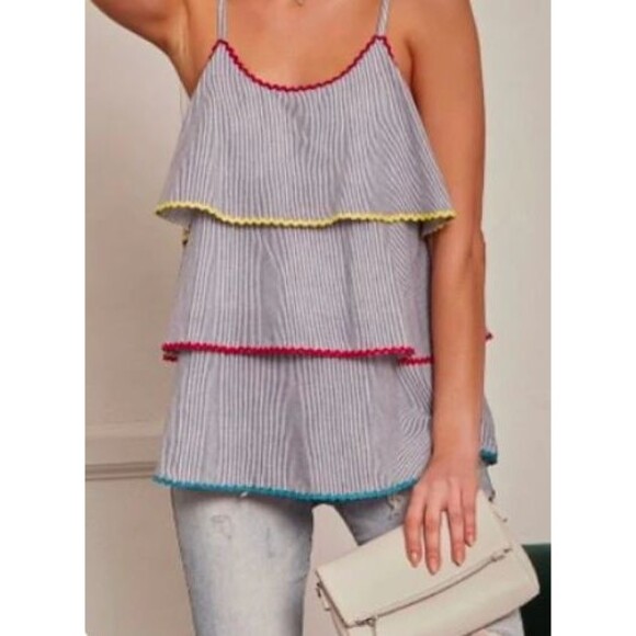 Andree By Unit Brandi Woven Tiered Rick Rack Trim Striped Tank Top - Picture 2 of 11